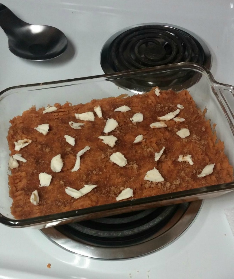 Dot butter over each layer of brown sugar/yams