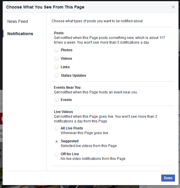 Edit Notifications for Facebook Pages