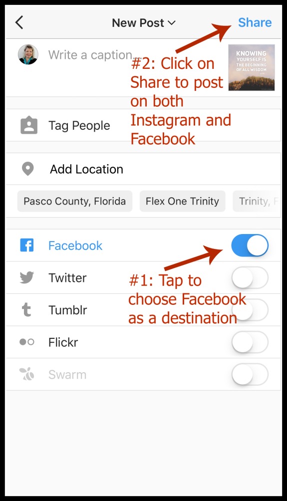 Instagram Tips- Share a new post to both Instagram and Facebook